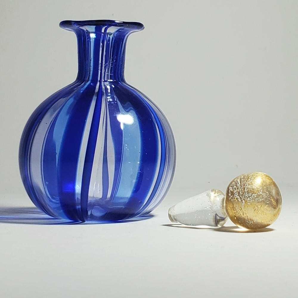 VINTAGE MURANO Glass Perfume Bottle 2 Piece Gold Top, Cobalt Blue Ribbon Strands - Picture 2 of 13
